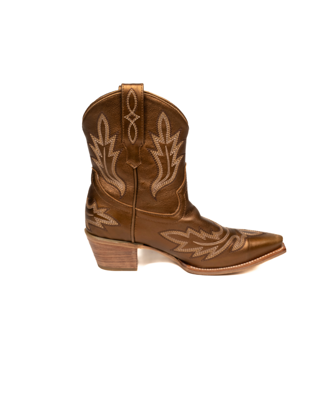 Short brown cowboy boot with intricate stitching 