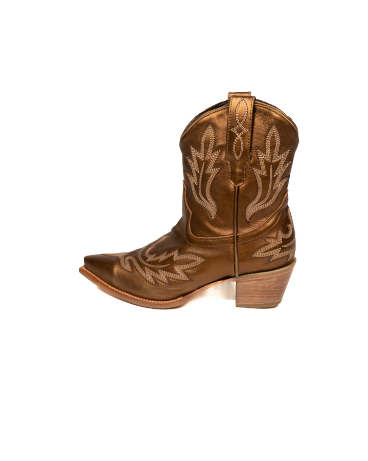 Short brown cowboy boot with intricate white embroidery